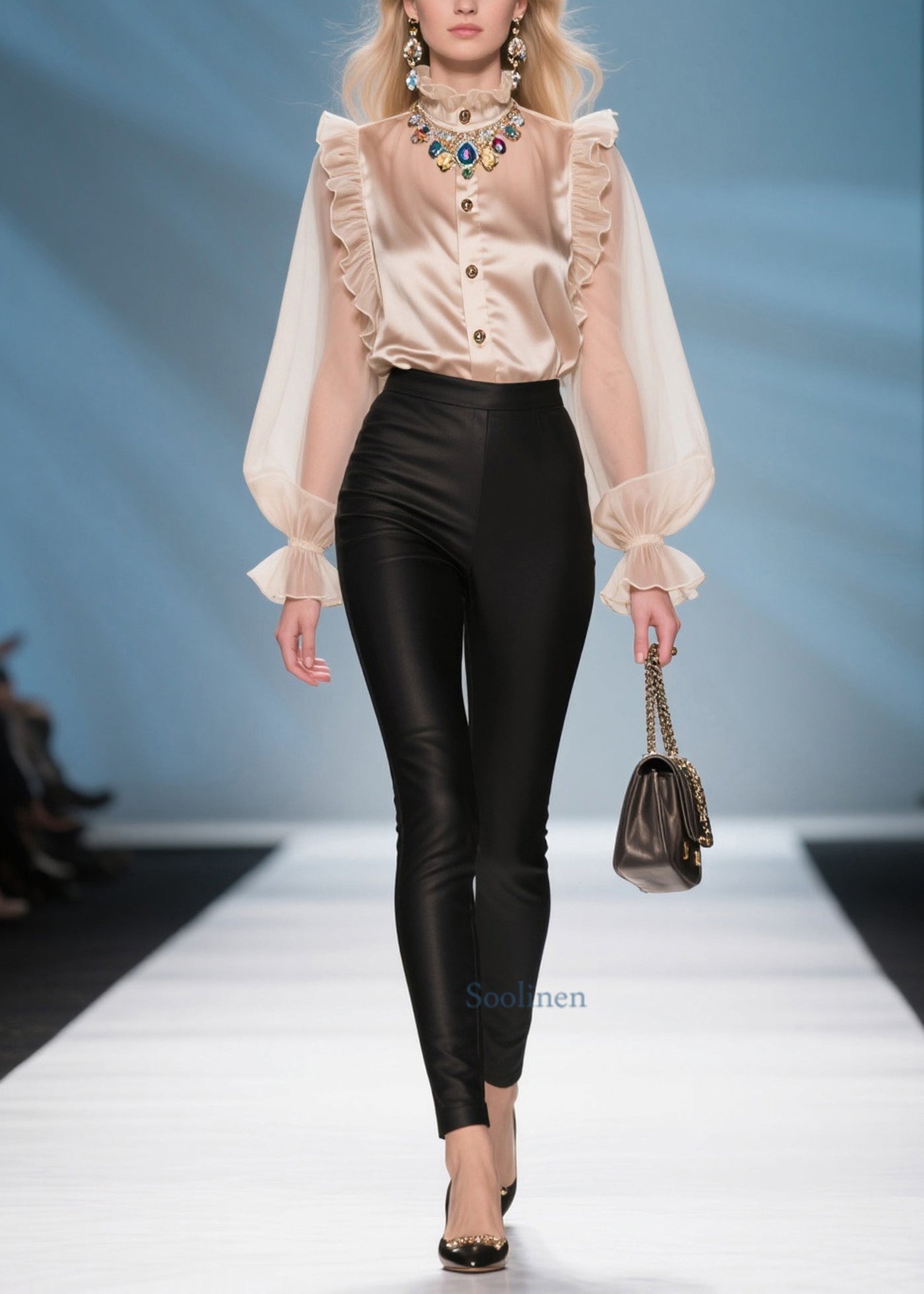 Women Champagne Ruffled Patchwork Chiffon Blouses Summer