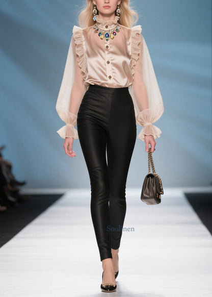 Women Champagne Ruffled Patchwork Chiffon Blouses Summer
