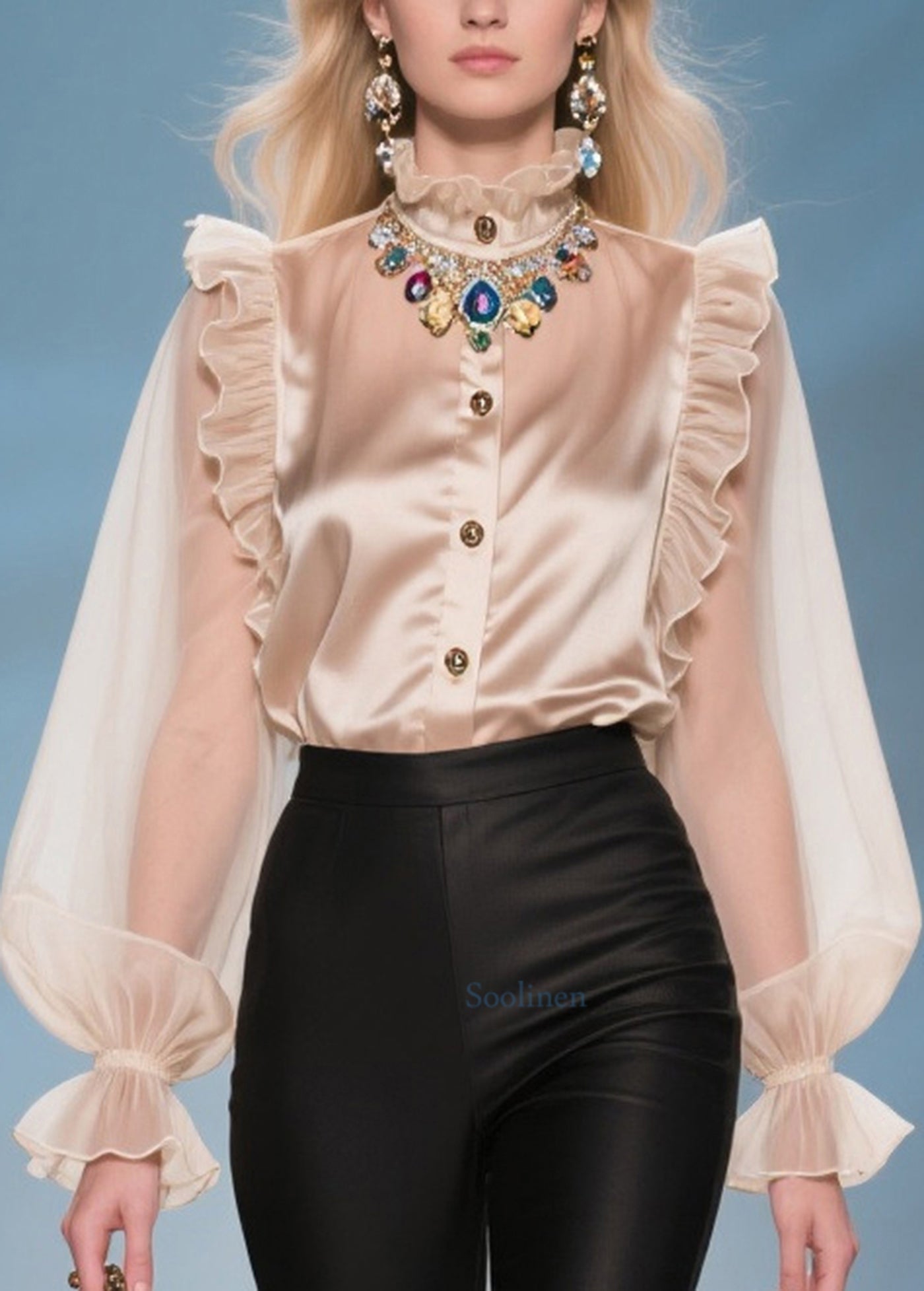Women Champagne Ruffled Patchwork Chiffon Blouses Summer