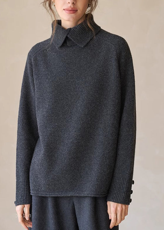 Damen Anthrazitgraue, warme Strickblusen mit Stehkragen für den Winter