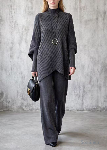 Women Charcoal Grey Oversized Knit Two Piece Set Batwing Sleeve