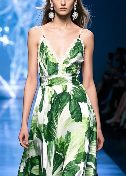 Women Chinese Cabbage Print Patchwork Lace Spaghetti Strap Dress Dress Summer
