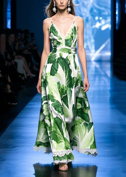 Women Chinese Cabbage Print Patchwork Lace Spaghetti Strap Dress Dress Summer