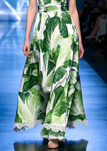 Women Chinese Cabbage Print Patchwork Lace Spaghetti Strap Dress Dress Summer