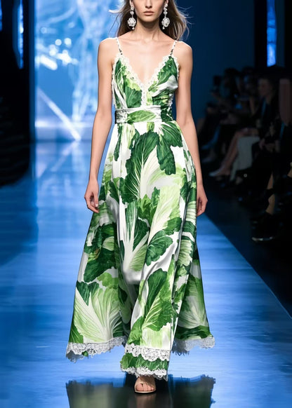 Women Chinese Cabbage Print Patchwork Lace Spaghetti Strap Dress Dress Summer