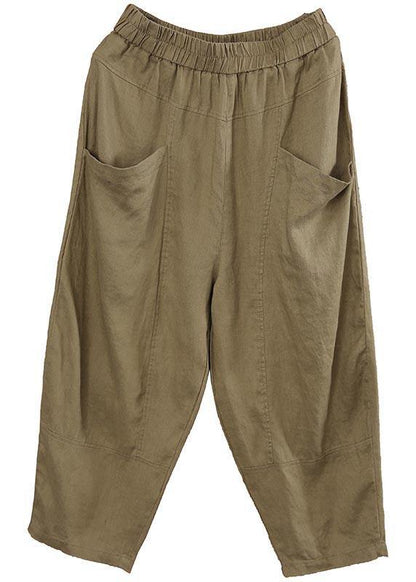 Women Chocolate Elastic Waist Linen Summer Pants - SooLinen