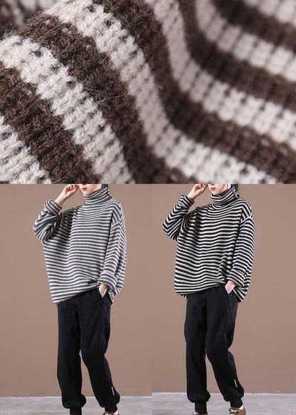 Women Chocolate Striped Long Sleeve Fall Knit Top - SooLinen