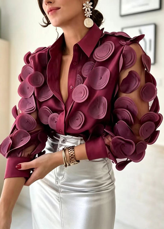 Women Claret Mesh Patchwork Stereoscopic Floral Blouse Tops Long Sleeve