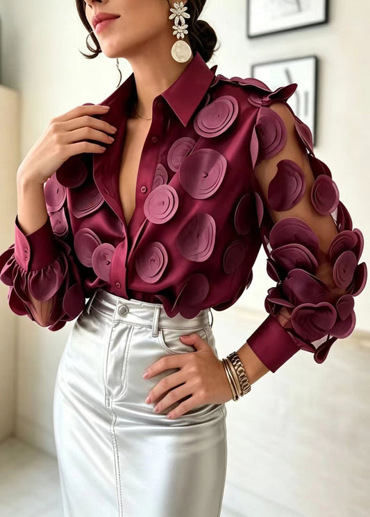 Women Claret Mesh Patchwork Stereoscopic Floral Blouse Tops Long Sleeve