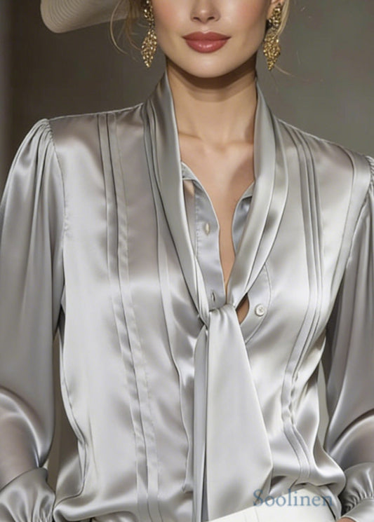 Women Classy Grey Lace Up Wrinkled Silk Blouses Spring