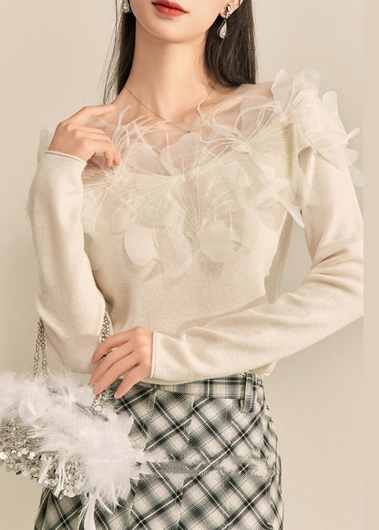 Elegantes weißes Stricktop mit Blumenmuster für Damen, Frühling