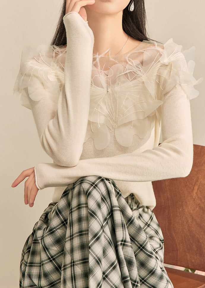 Elegantes weißes Stricktop mit Blumenmuster für Damen, Frühling