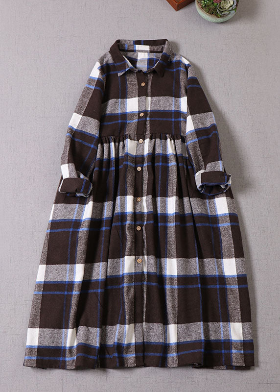 Women Chocolate Blue Plaid Button Cotton Dress Winter