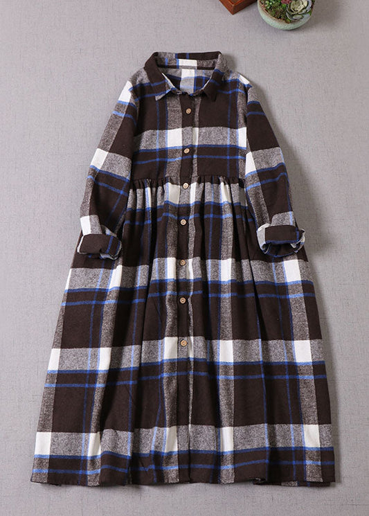 Women Chocolate Blue Plaid Button Cotton Dress Winter
