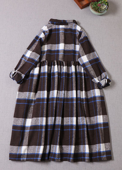 Women Chocolate Blue Plaid Button Cotton Dress Winter