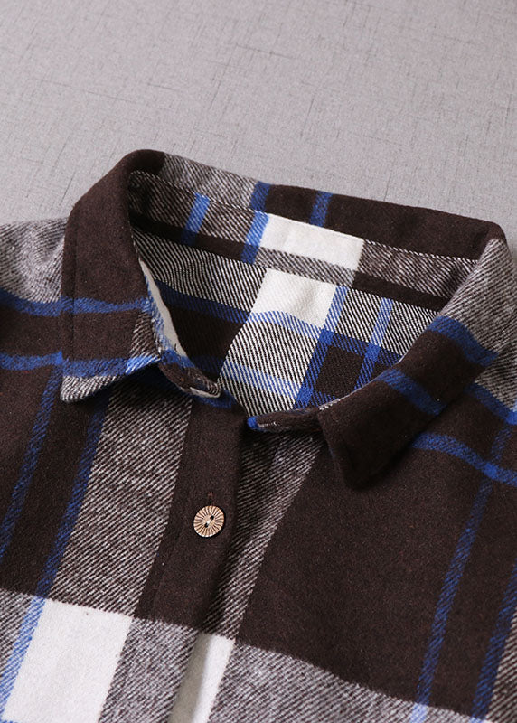 Women Chocolate Blue Plaid Button Cotton Dress Winter