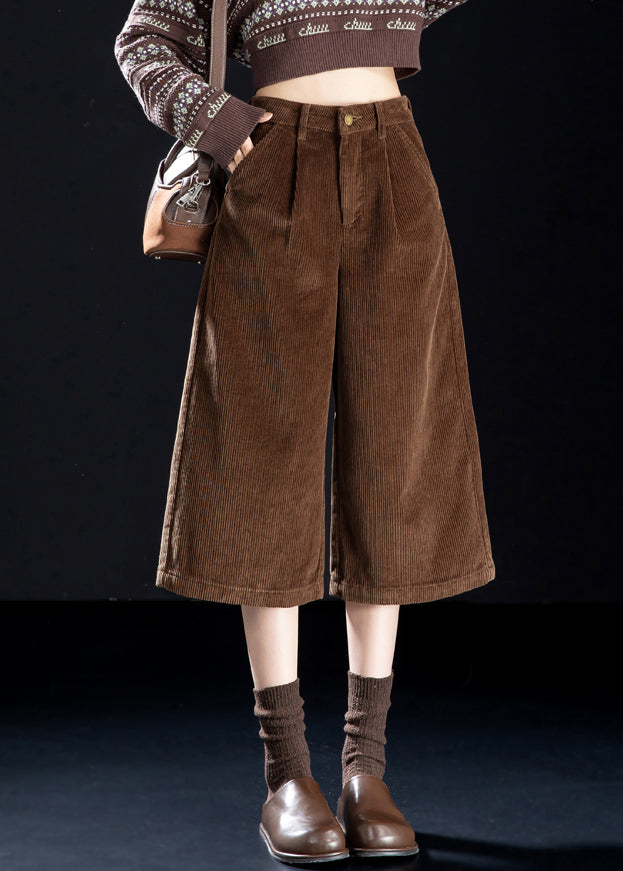 Women Coffee Button Pockets High Waist Corduroy Wide Leg Pants Spring