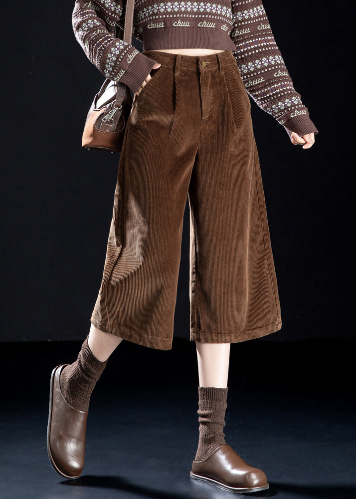 Women Coffee Button Pockets High Waist Corduroy Wide Leg Pants Spring