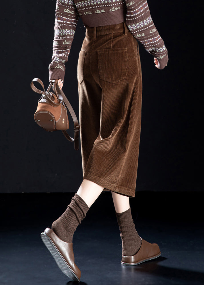 Women Coffee Button Pockets High Waist Corduroy Wide Leg Pants Spring