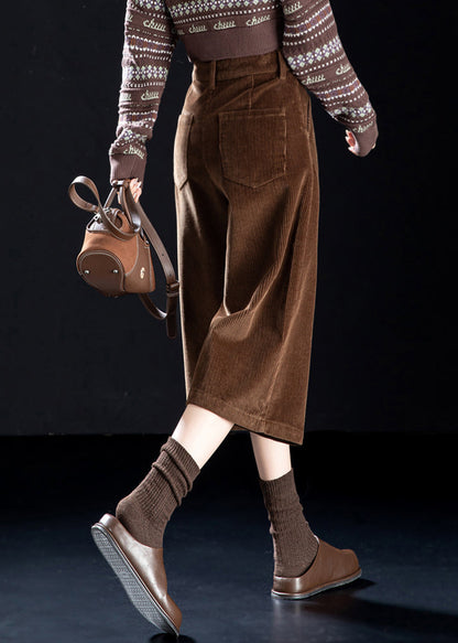 Women Coffee Button Pockets High Waist Corduroy Wide Leg Pants Spring