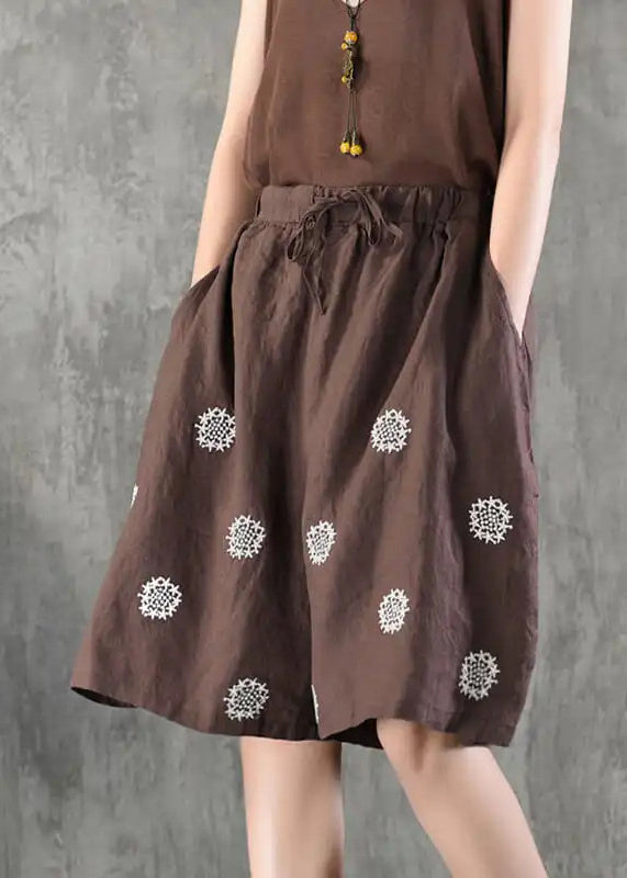 Women Coffee Embroidered Pockets Tie Waist Cotton Shorts Summer