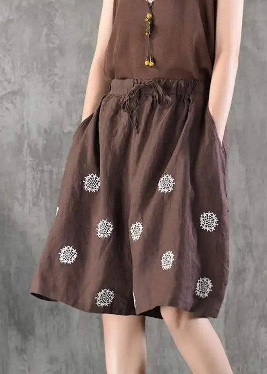 Women Coffee Embroidered Pockets Tie Waist Cotton Shorts Summer