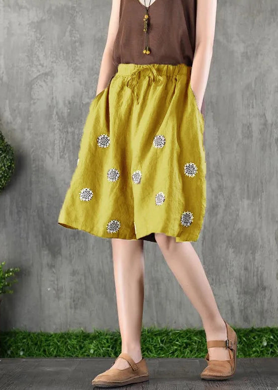 Women Coffee Embroidered Pockets Tie Waist Cotton Shorts Summer