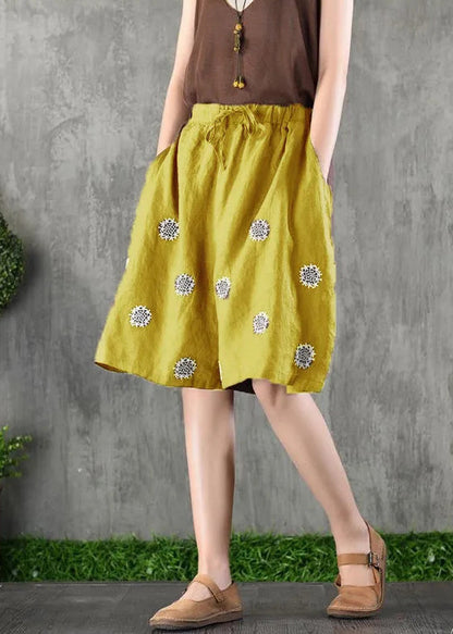 Women Coffee Embroidered Pockets Tie Waist Cotton Shorts Summer