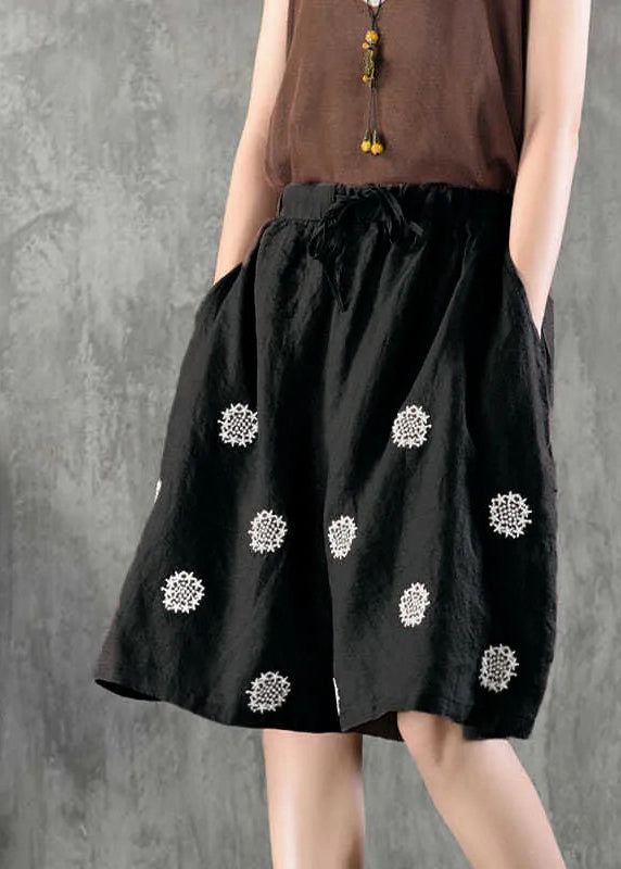 Women Coffee Embroidered Pockets Tie Waist Cotton Shorts Summer