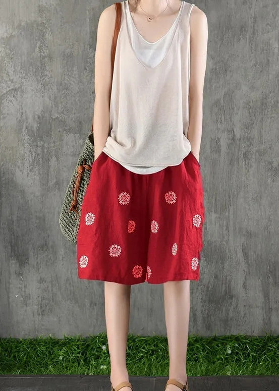 Women Coffee Embroidered Pockets Tie Waist Cotton Shorts Summer