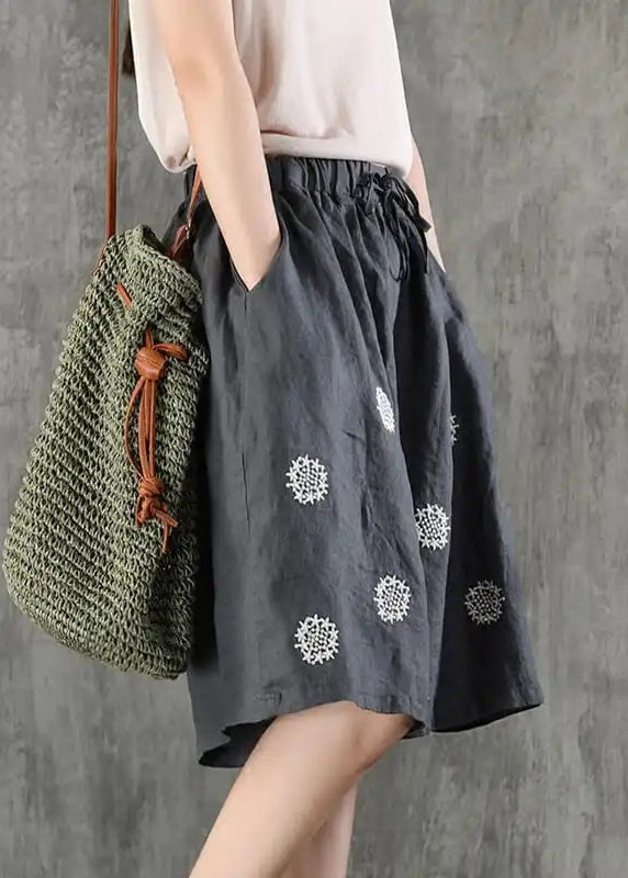 Women Coffee Embroidered Pockets Tie Waist Cotton Shorts Summer