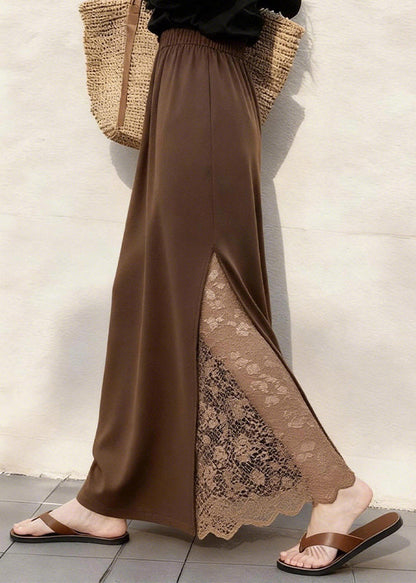 Women Coffee Lace Patchwork Elastic Waist Cotton Skirts Winter