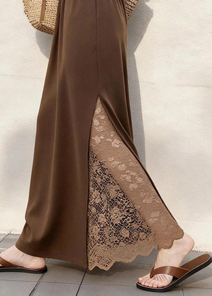 Women Coffee Lace Patchwork Elastic Waist Cotton Skirts Winter