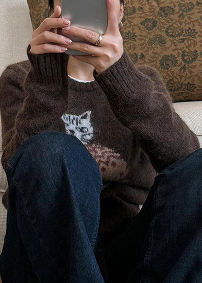 Suéter de punto jacquard con cuello redondo y diseño de gatos para mujer, color café, para invierno