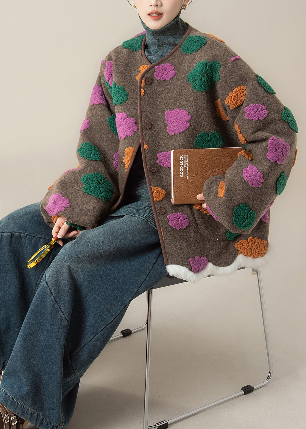 Abrigos de lana con cuello redondo y bolsillos florales para mujer, color café, para invierno