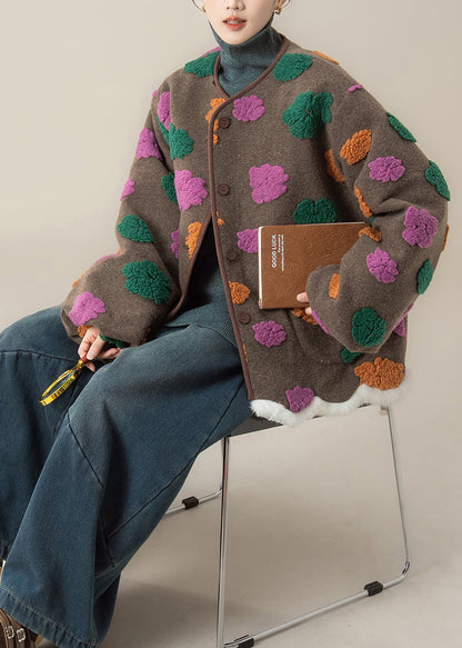 Abrigos de lana con cuello redondo y bolsillos florales para mujer, color café, para invierno