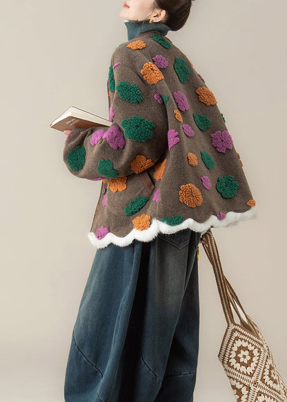 Abrigos de lana con cuello redondo y bolsillos florales para mujer, color café, para invierno