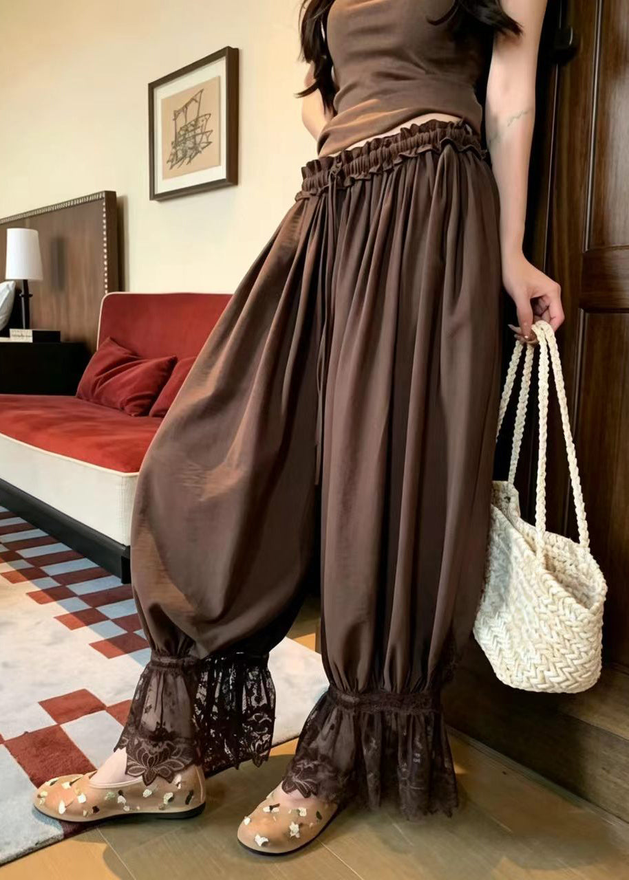 Women Coffee Oversized Patchwork Lace Lantern Pants Summer
