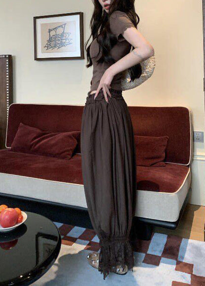 Women Coffee Oversized Patchwork Lace Lantern Pants Summer