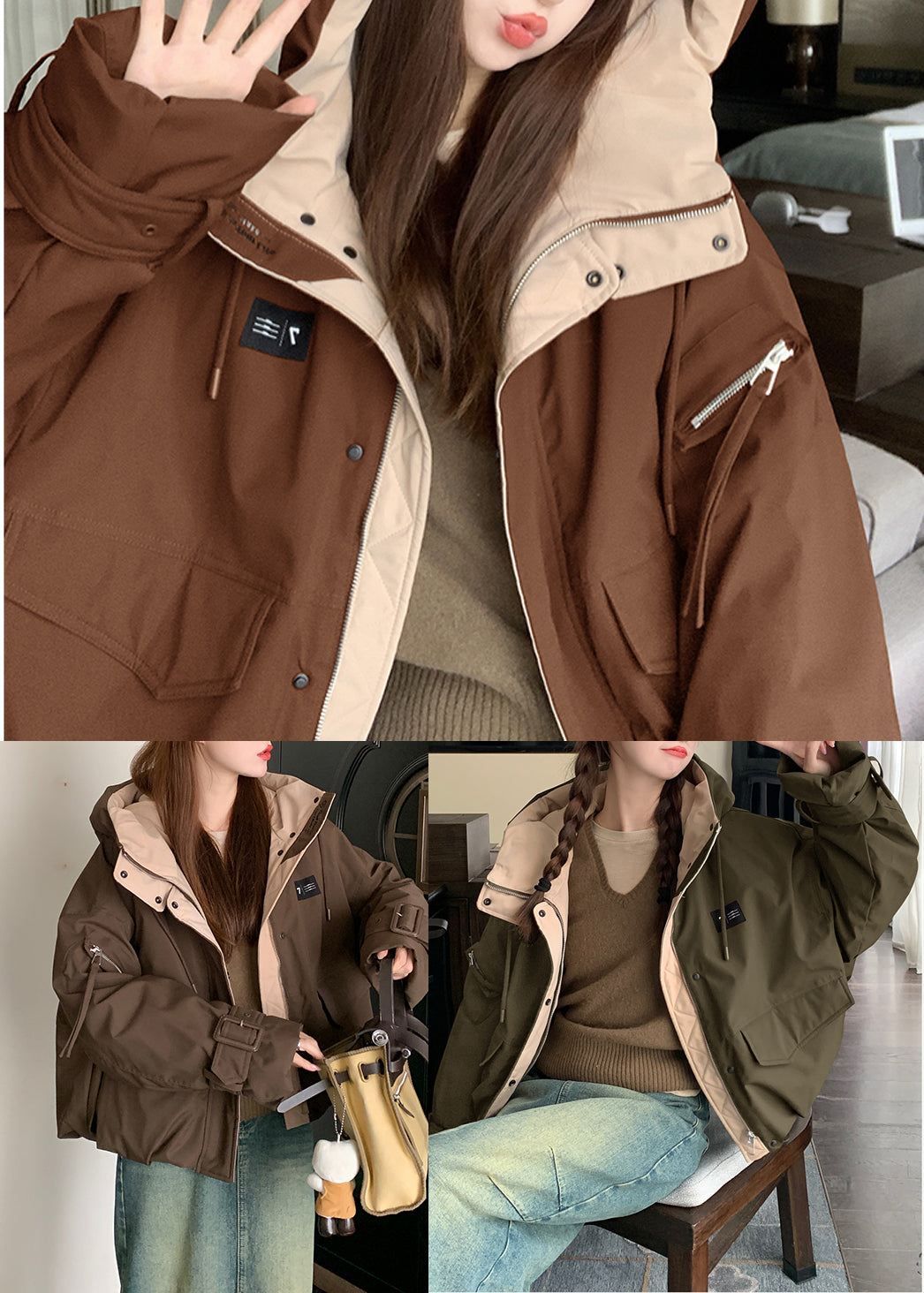 Abrigos de invierno para mujer, color café, con bolsillos extragrandes y relleno de algodón fino.