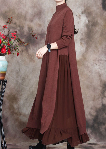 Damen Schokoladendruck Patchwork Slim Fit Herbst Pulloverkleid