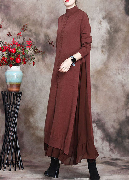 Damen Schokoladendruck Patchwork Slim Fit Herbst Pulloverkleid