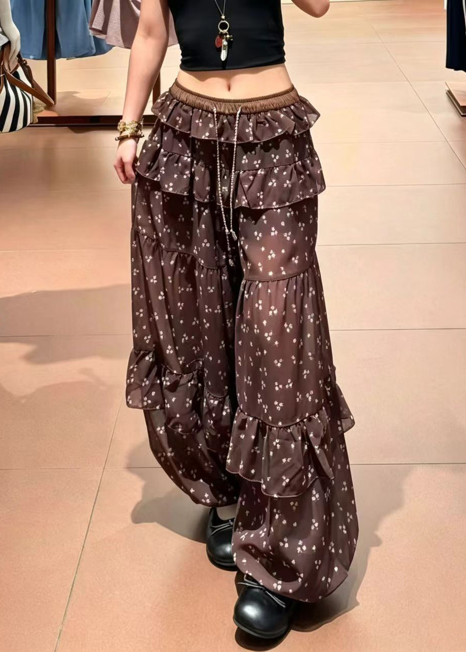 Women Coffee Ruffled Drawstring Print Chiffon Lantern Trousers Summer
