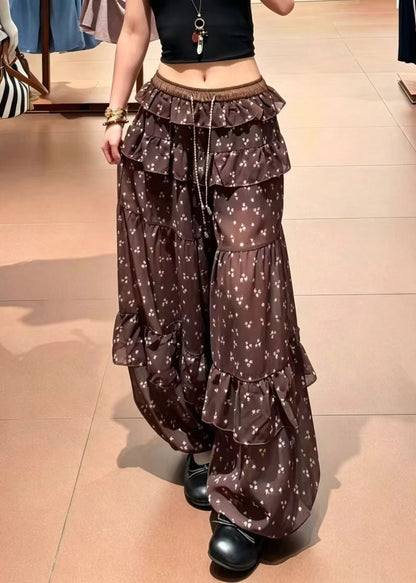 Women Coffee Ruffled Drawstring Print Chiffon Lantern Trousers Summer