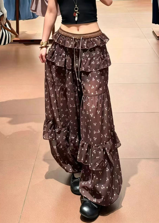 Women Coffee Ruffled Drawstring Print Chiffon Lantern Trousers Summer