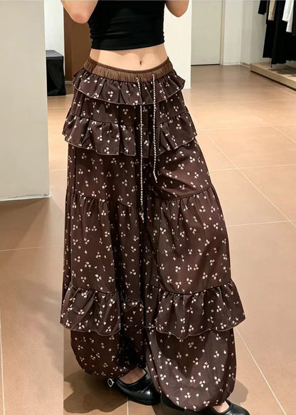 Women Coffee Ruffled Drawstring Print Chiffon Lantern Trousers Summer