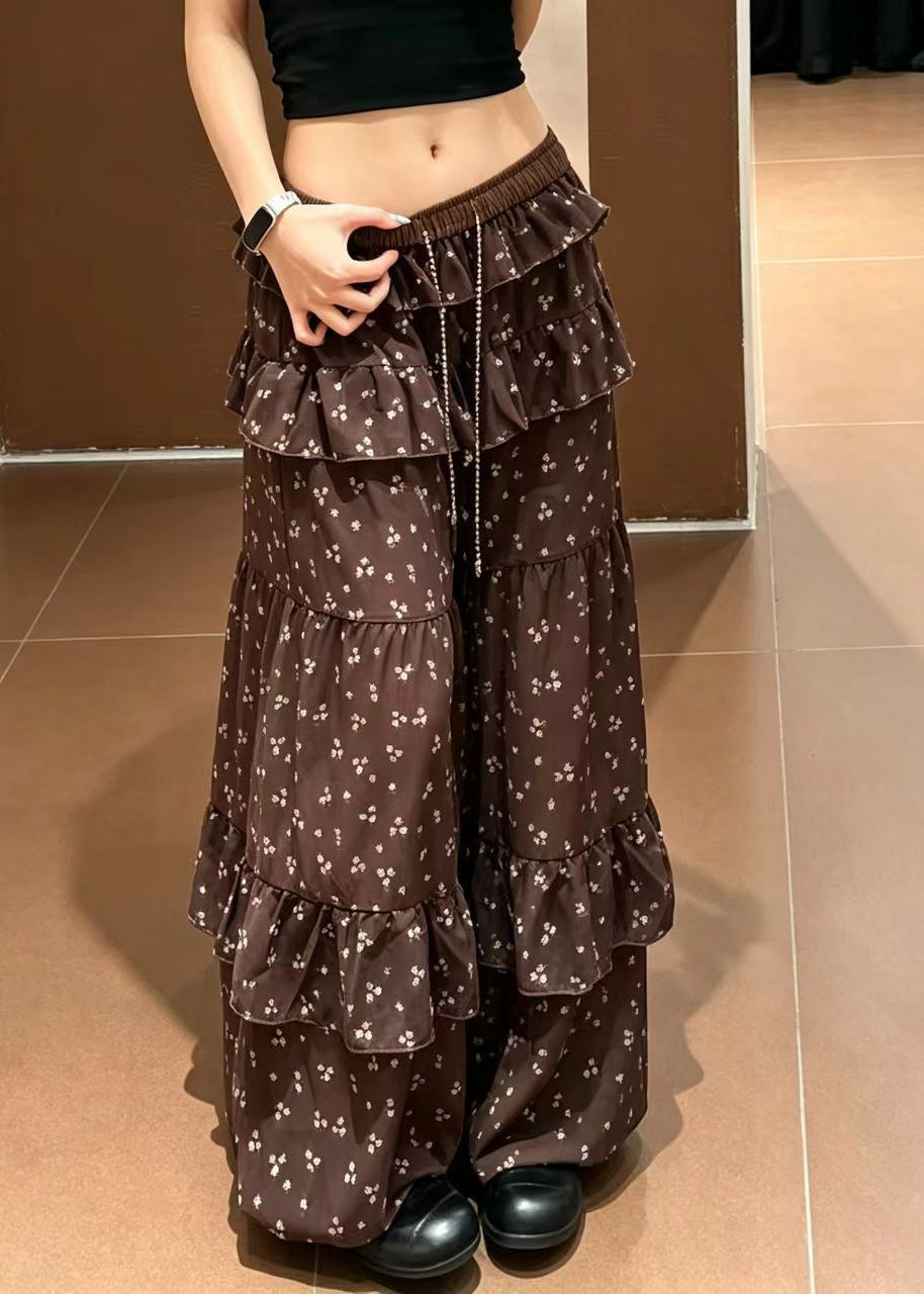 Women Coffee Ruffled Drawstring Print Chiffon Lantern Trousers Summer