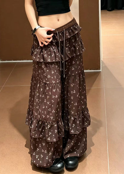 Women Coffee Ruffled Drawstring Print Chiffon Lantern Trousers Summer