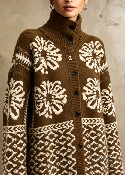 Women Coffee Stand Collar Print Button Knit Cardigan Fall