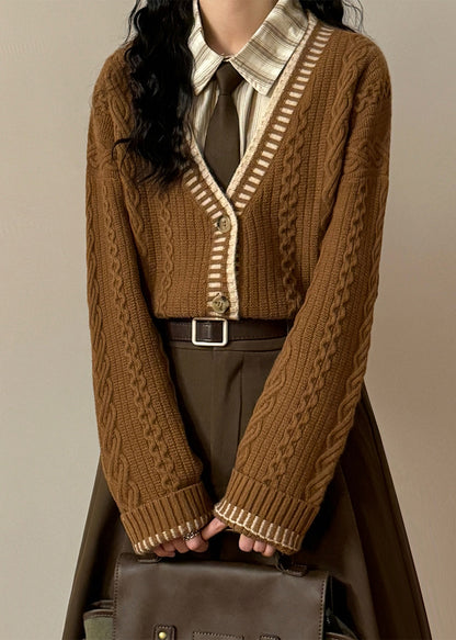 Women Coffee V Neck Button Cozy Cable Knit Coats Spring